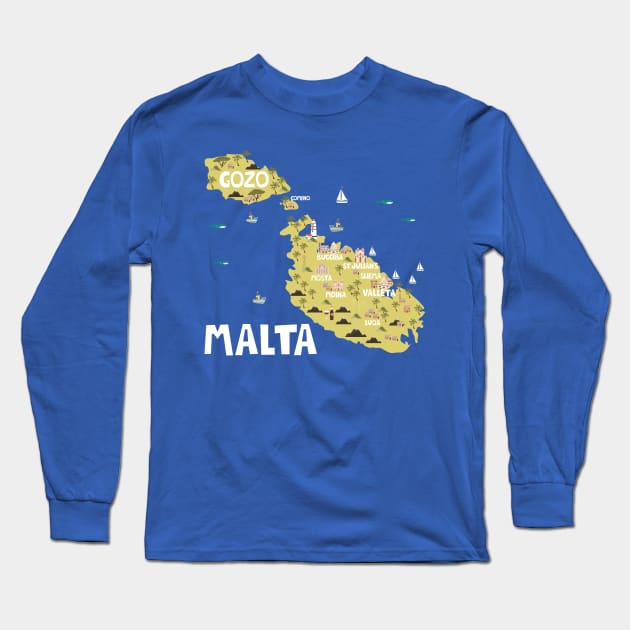 Malta Illustrated Map Long Sleeve T-Shirt by JunkyDotCom